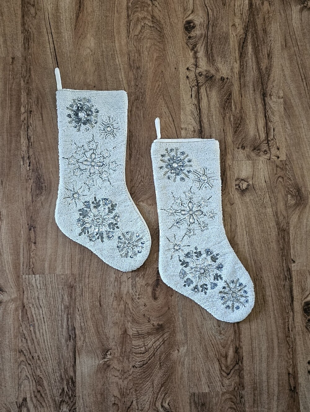 Ivory Beaded Snowflake Holiday Stockings - Pair
